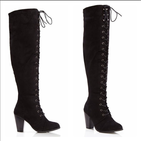 Over Knee Lace Up Boots Black Suede - Picture 3 of 3